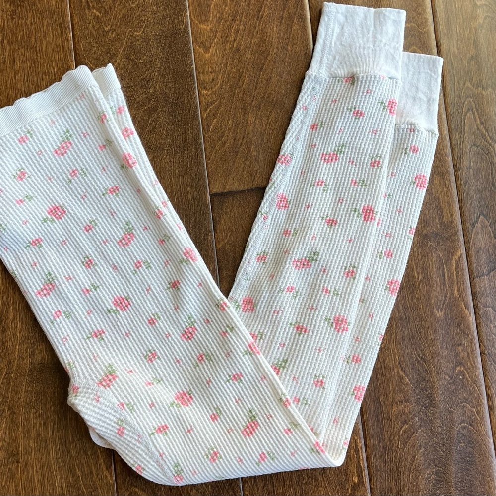 TRUE VINTAGE Late 70’S WHITE WITH PINK FLORAL PRINT THERMAL PAJAMA BOTTOMS SMALL
